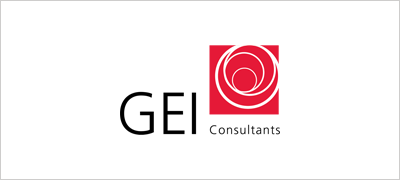 Red and white logo featuring "GEI Consultants" with a spiral design.